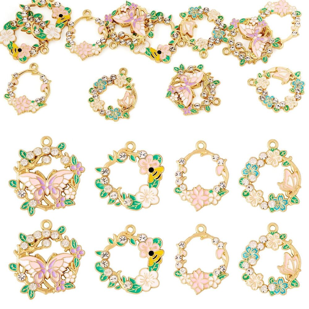 1365 16 pcs Rhinestone Flower Charms for Jewelry Making Alloy Wreath Charm